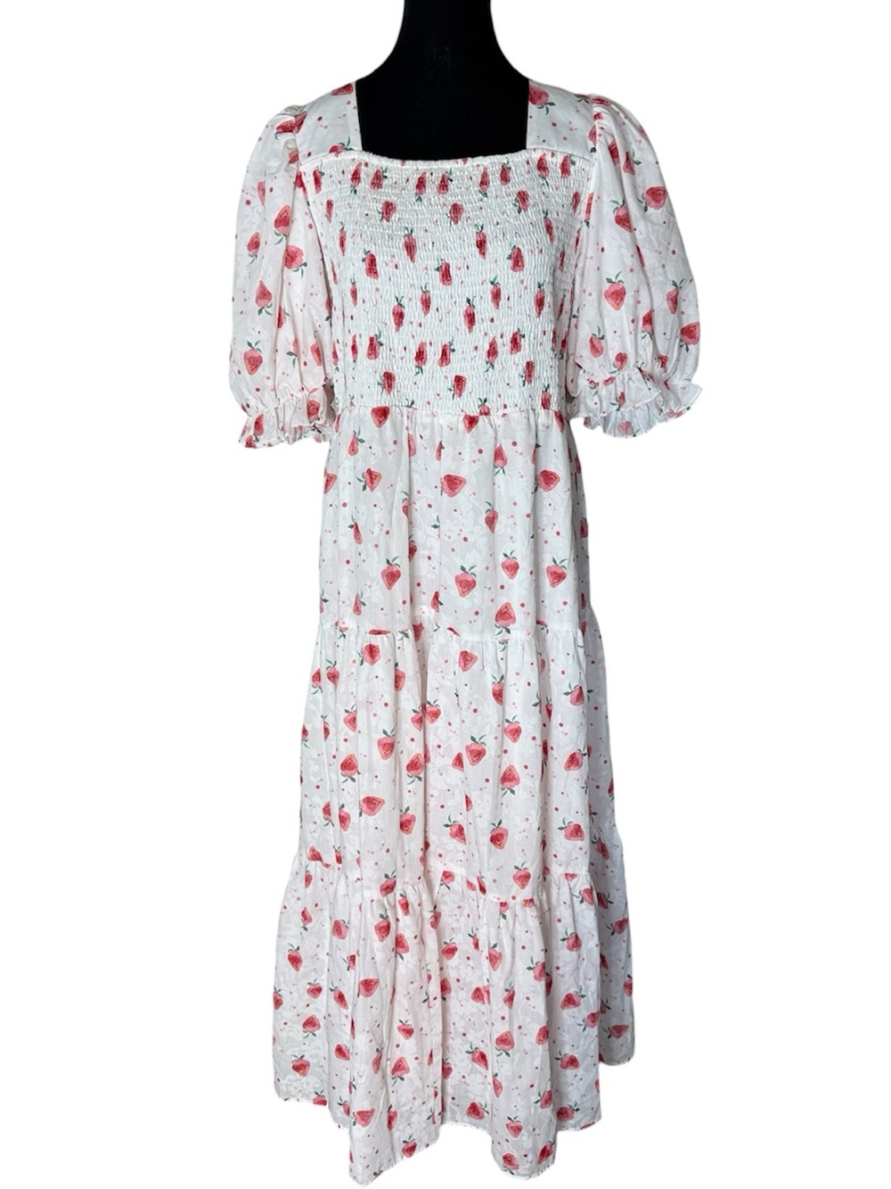 JESSAKAE Strawberry Smocked Tiered Maxi Dress Puff Ruffle Sleeve Plus Size 1XL